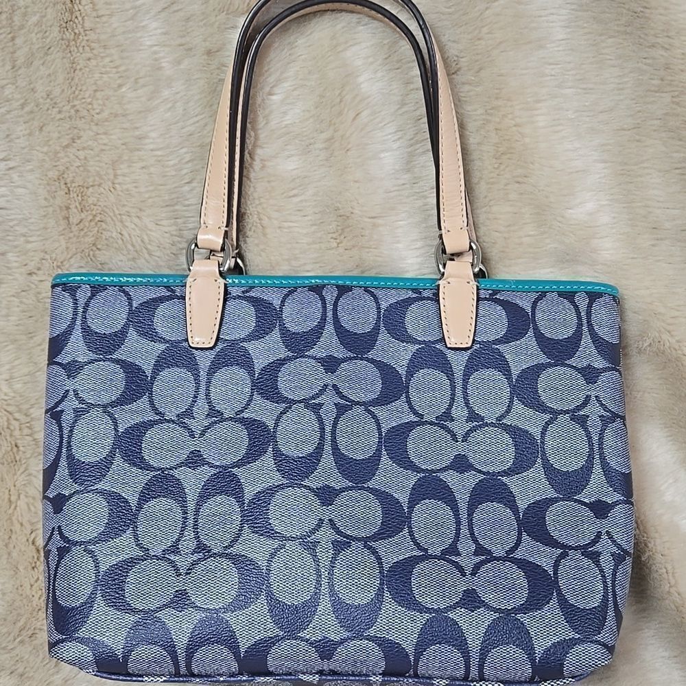 COACH SIGNATURE STRIPE TOP HANDLE TOTE (F51267) SILVER/NAVY/BRIGHT JADE - Picture 4 of 7